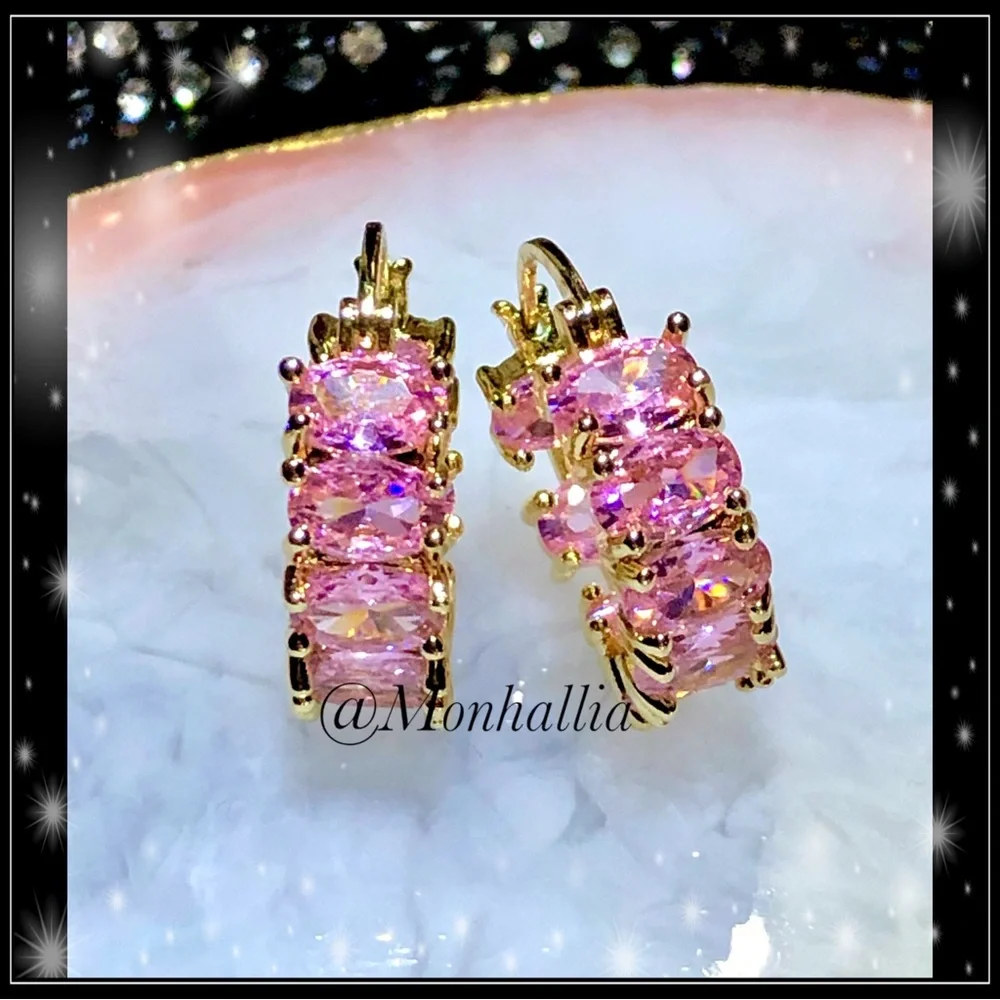 New 14k gold simulated diamond & pink amethyst chunky huggie earrings
